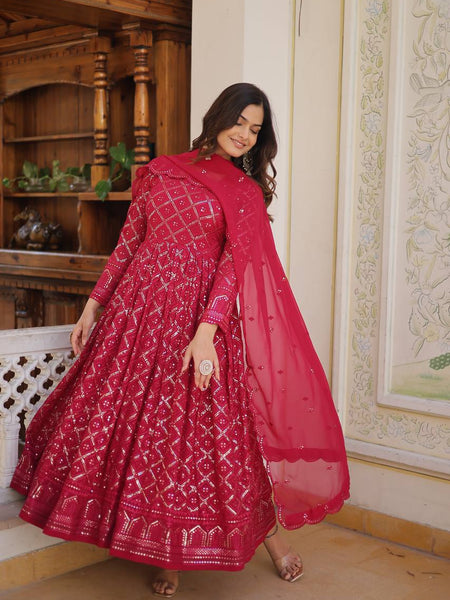 RANI & WINE  EMBROIDERED GEORGETTE ANARKALI  SUIT SET