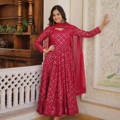 RANI & WINE  EMBROIDERED GEORGETTE ANARKALI  SUIT SET