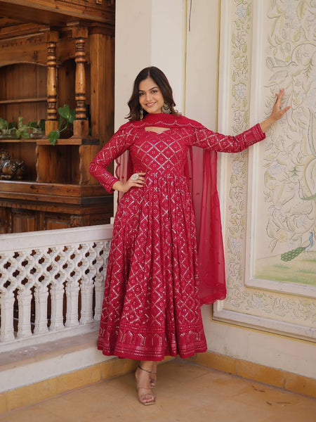 RANI & WINE  EMBROIDERED GEORGETTE ANARKALI  SUIT SET