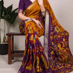 Mustard Color Tradition Floral Printed With Zari Weaving Work Viscose Chanderi Saree