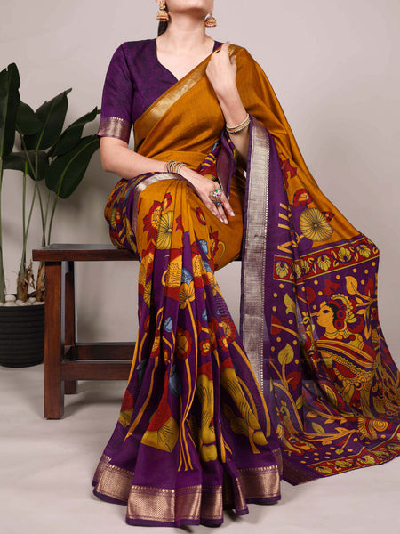 Mustard Color Tradition Floral Printed With Zari Weaving Work Viscose Chanderi Saree