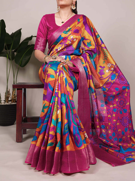 Mustard Color Printed With Zari Weaving Work Tussar Silk Saree
