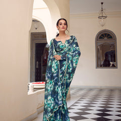 Navy Blue Color Floral Printed With Peral Lace Border Weightless Marbal Saree