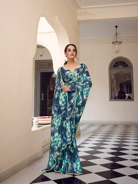 Navy Blue Color Floral Printed With Peral Lace Border Weightless Marbal Saree