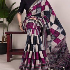 Navy Blue Color Printed With Temple Border Polyester Viscose Chanderi Saree