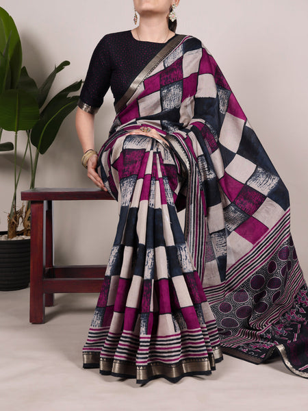 Navy Blue Color Printed With Temple Border Polyester Viscose Chanderi Saree
