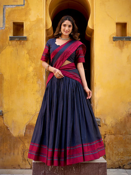 Navy Blue Color Thread Work With Chanderi Lehenga