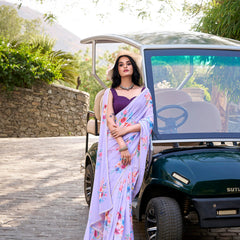 Lavender Color Floral Printed And Pearl Lace Border Weightless Marbal Saree