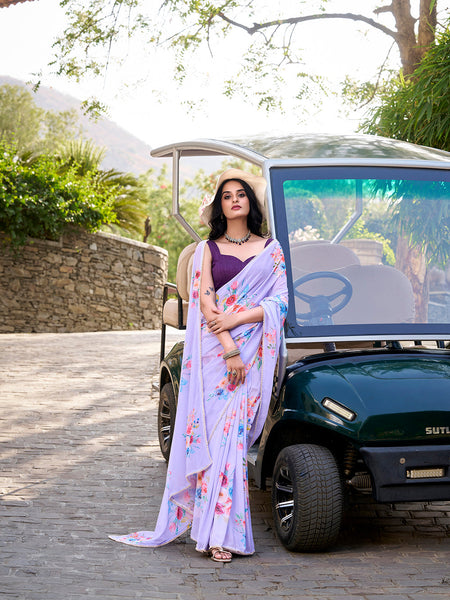 Lavender Color Floral Printed And Pearl Lace Border Weightless Marbal Saree