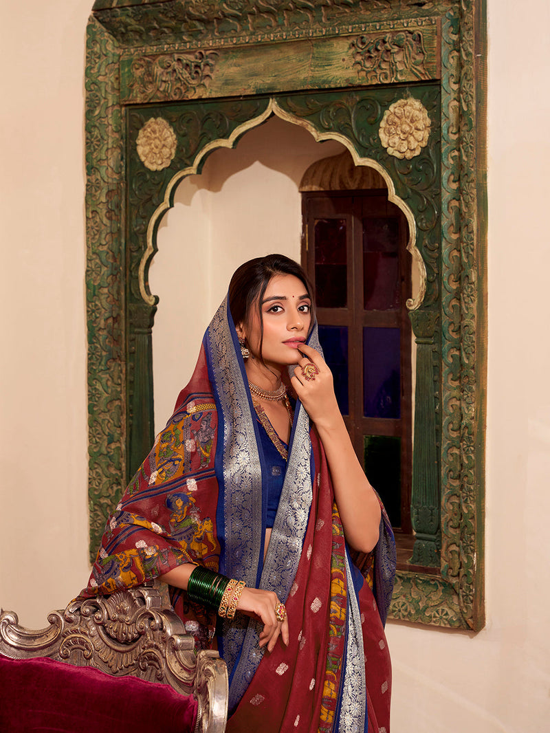 Maroon Color Kalamkari Print With Zari Weaving Work Poly Cotton Saree
