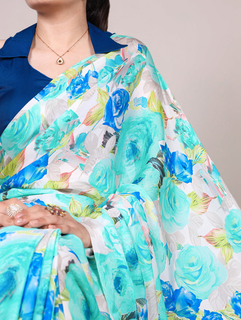 Firozi Color Floral Printed Dull Satin Silk Saree