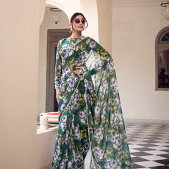 Green Color Floral Printed With Peral Lace Border Weightless Marbal Saree