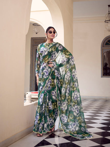 Green Color Floral Printed With Peral Lace Border Weightless Marbal Saree