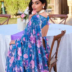 Blue Color Printed With Peral Lace Border Weightless Marbal