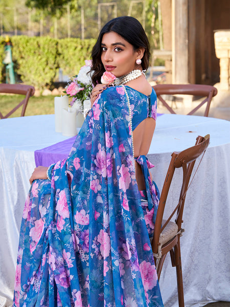 Blue Color Printed With Peral Lace Border Weightless Marbal