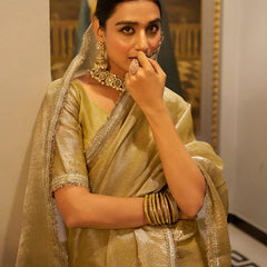 Gold Color Zari Weaving Work With Sequins Border Tissue Shimmer Saree