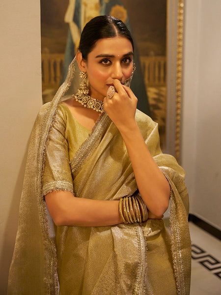 Gold Color Zari Weaving Work With Sequins Border Tissue Shimmer Saree
