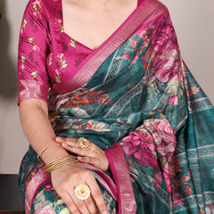 Green Color Printed Tussar Silk With Viscose Border Saree