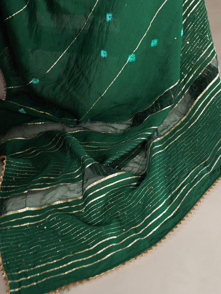 Green Color Sequins With Zari Line Viscose Chanderi Saree