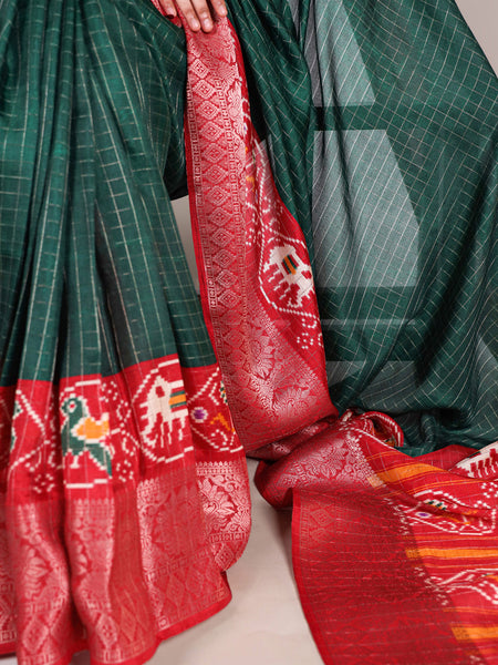 Green Color Patola Print With Weaving Work Tussar Chex Saree
