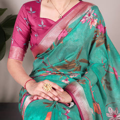 Green Color Tussar Silk With Viscos Border Floral Printed Saree