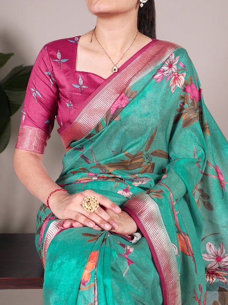 Green Color Tussar Silk With Viscos Border Floral Printed Saree