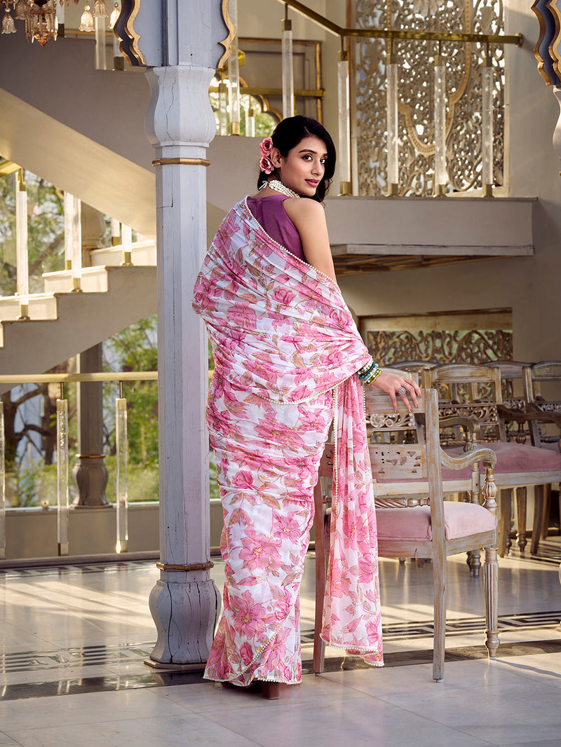 Pink Color Floral Print With Peral Lace Border Weightless Marbal Saree