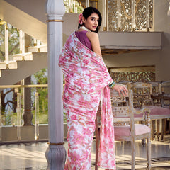 Pink Color Floral Print With Peral Lace Border Weightless Marbal Saree