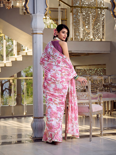 Pink Color Floral Print With Peral Lace Border Weightless Marbal Saree