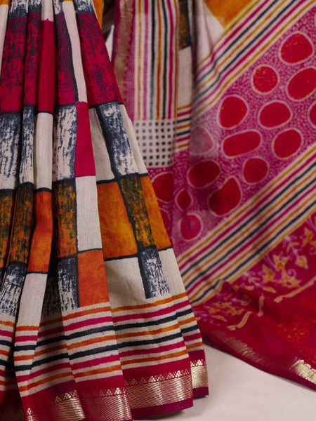 Maroon Color Printed With Temple Border Polyester Viscose Chanderi Saree