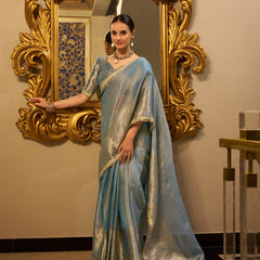 Sky Blue Color Zari Weaving Work With Sequins Border Tissue Shimmer Saree