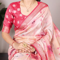 Peach Color Tussar Silk With Viscos Border Floral Printed Saree