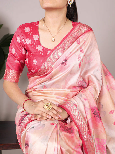 Peach Color Tussar Silk With Viscos Border Floral Printed Saree