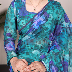 Firozi Color Floral Printed With Lace Border Weightless Marbal Saree