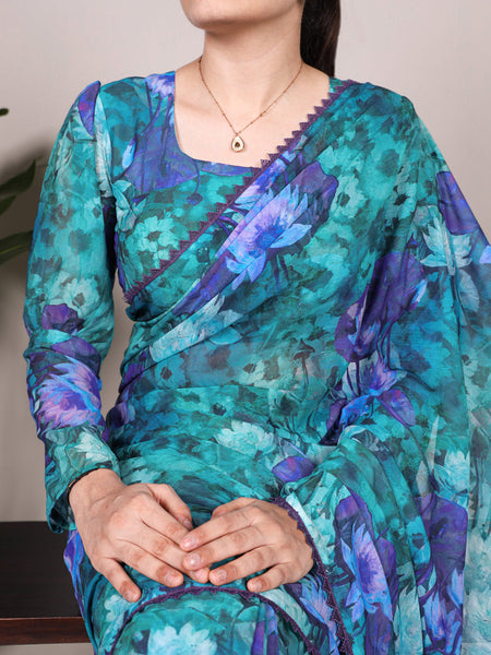 Firozi Color Floral Printed With Lace Border Weightless Marbal Saree