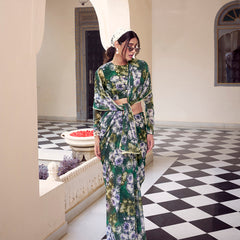 Green Color Floral Printed With Peral Lace Border Weightless Marbal Saree
