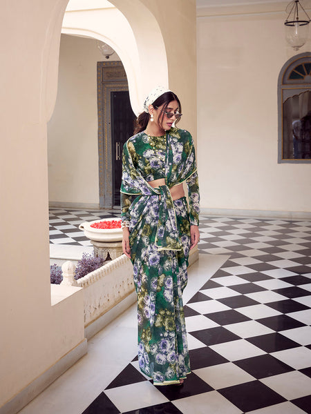 Green Color Floral Printed With Peral Lace Border Weightless Marbal Saree