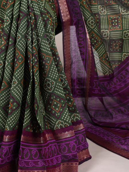 Mehandi Color Bandhej Print With Zari Weaving Work Viscose Chanderi Saree