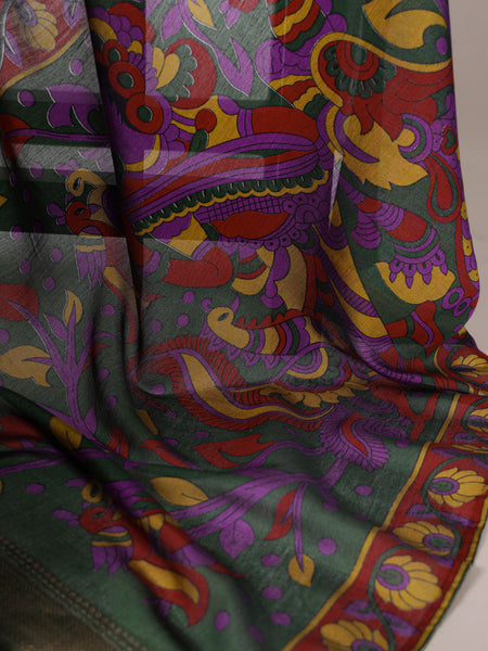 Purple Color Tradition Floral Printed With Zari Weaving Work Viscose Chanderi Saree