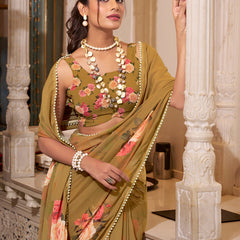 Brown Color Printed With Peral Lace Border Georgette Saree