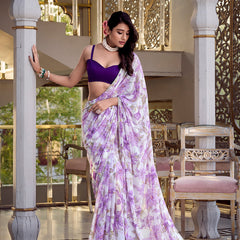 Lavender Color Floral Print With Peral Lace Border Weightless Marbal Saree