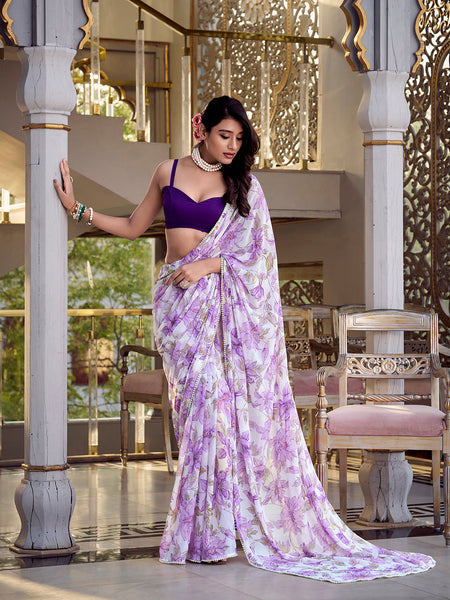 Lavender Color Floral Print With Peral Lace Border Weightless Marbal Saree