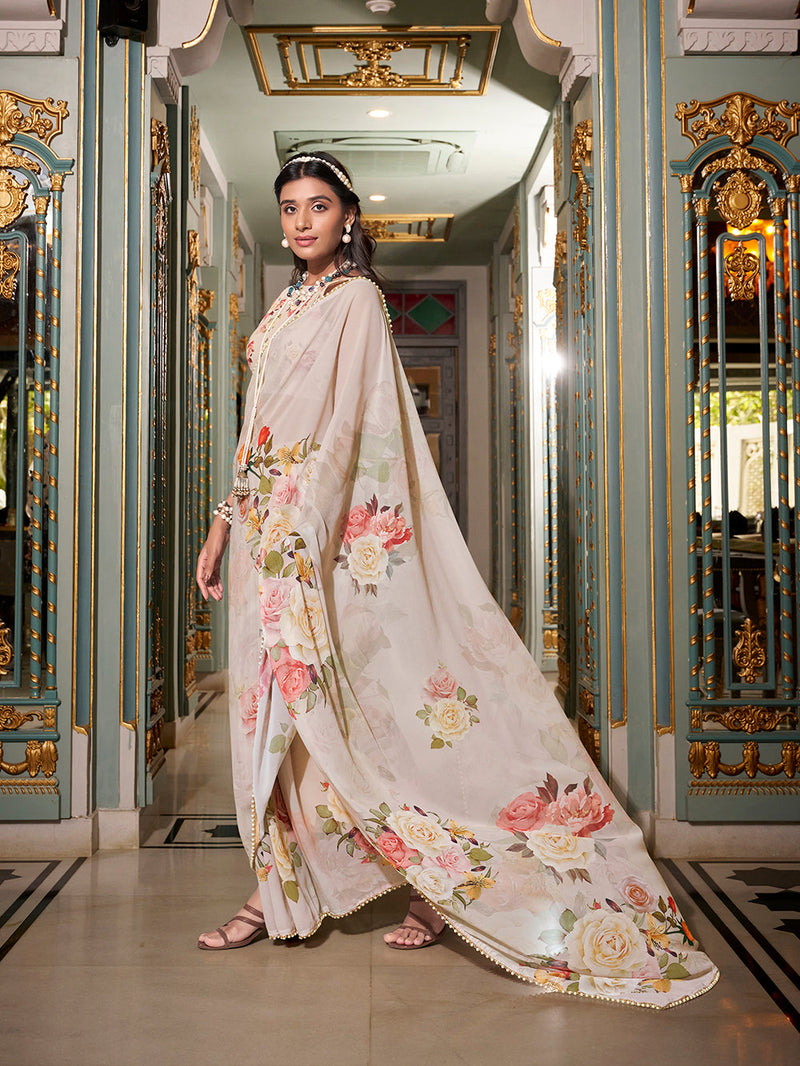 Off White Color Printed With Pearl Lace Border Georgette Saree