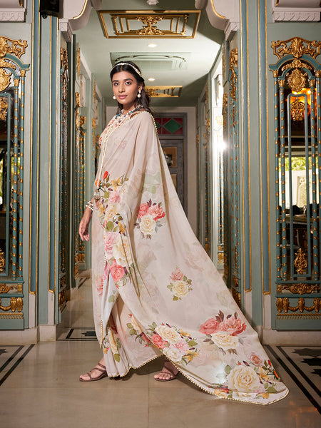 Off White Color Printed With Pearl Lace Border Georgette Saree