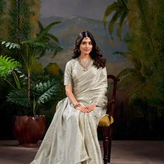 Off White Color Zari Weaving Work With Kanjivaram Saree