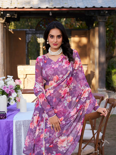Onion Color Printed With Peral Lace Border Weightless Marbal