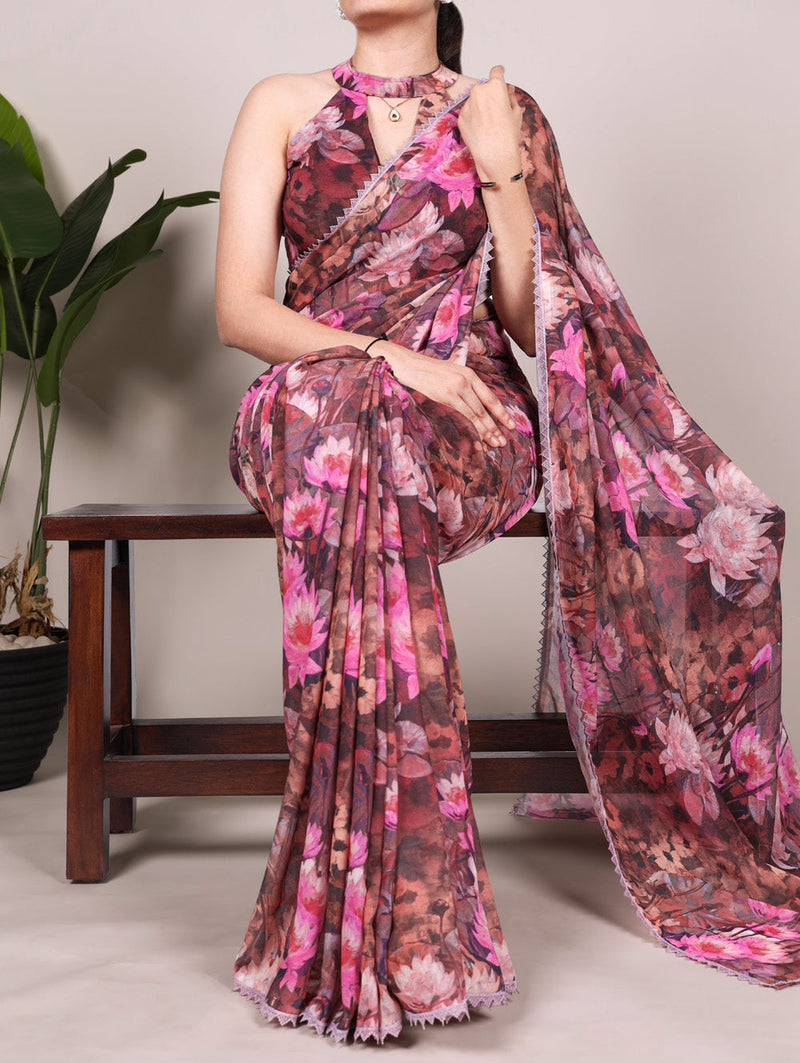 Onion Color Floral Printed With Lace Border Weightless Marbal Saree