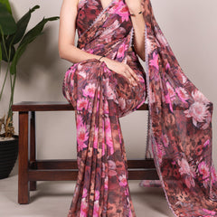 Onion Color Floral Printed With Lace Border Weightless Marbal Saree