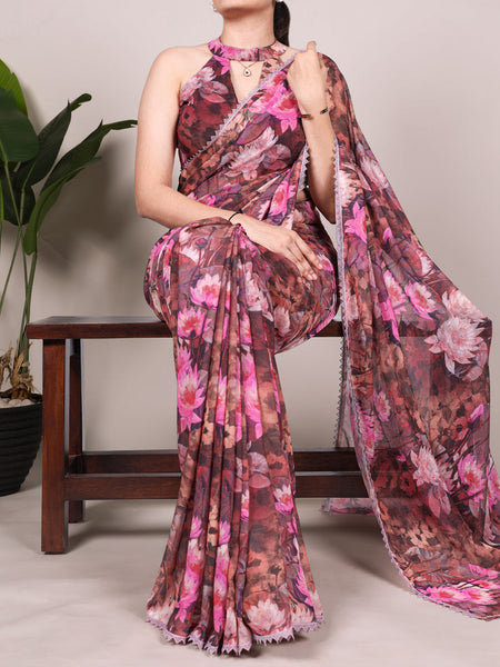 Onion Color Floral Printed With Lace Border Weightless Marbal Saree