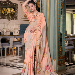 Peach Color Printed With Pearl Lace Border Georgette Saree